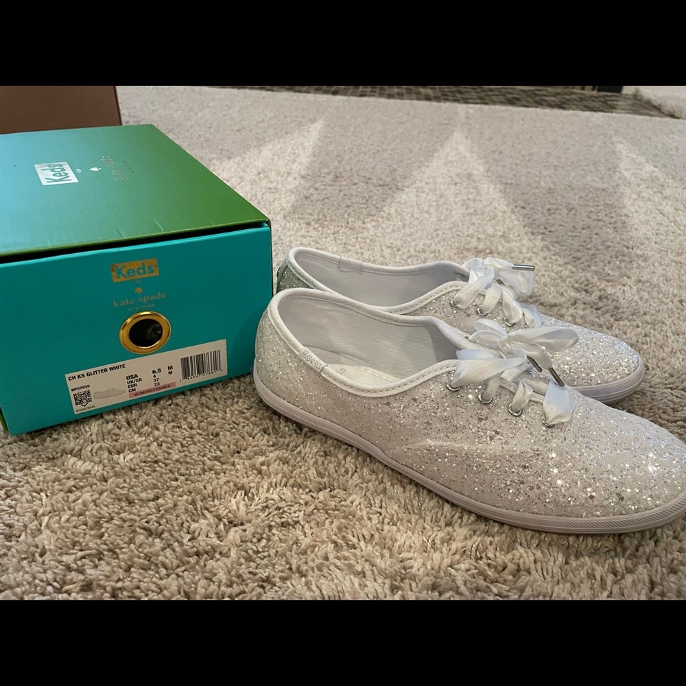 Kate Spade Keds white glitter sneakers